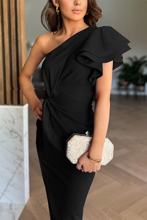 Caz - Robe midi à épaules dénudées, manches volantées et fente