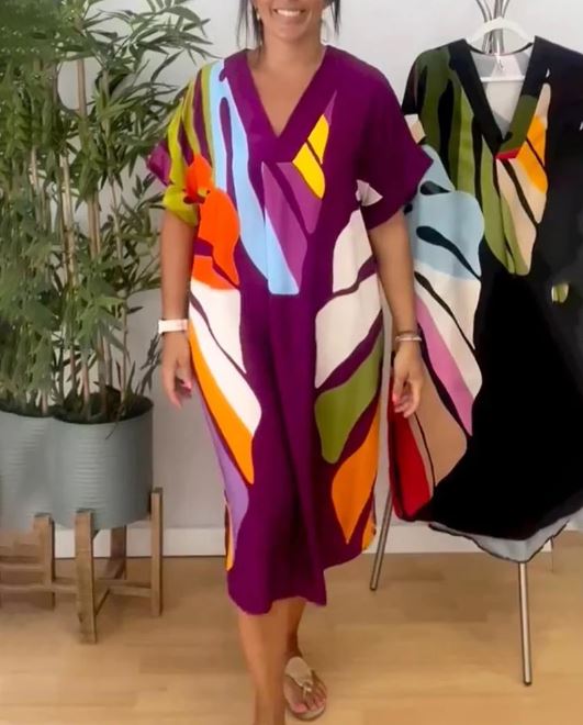 Vibrant Leaf Print Casual Dress