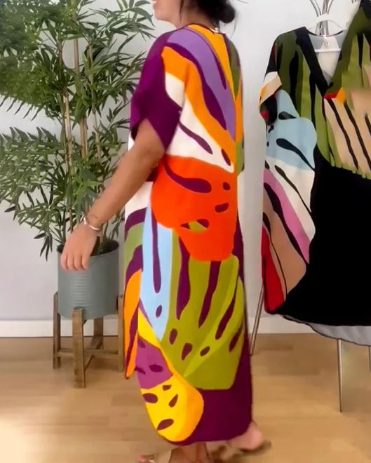 Vibrant Leaf Print Casual Dress