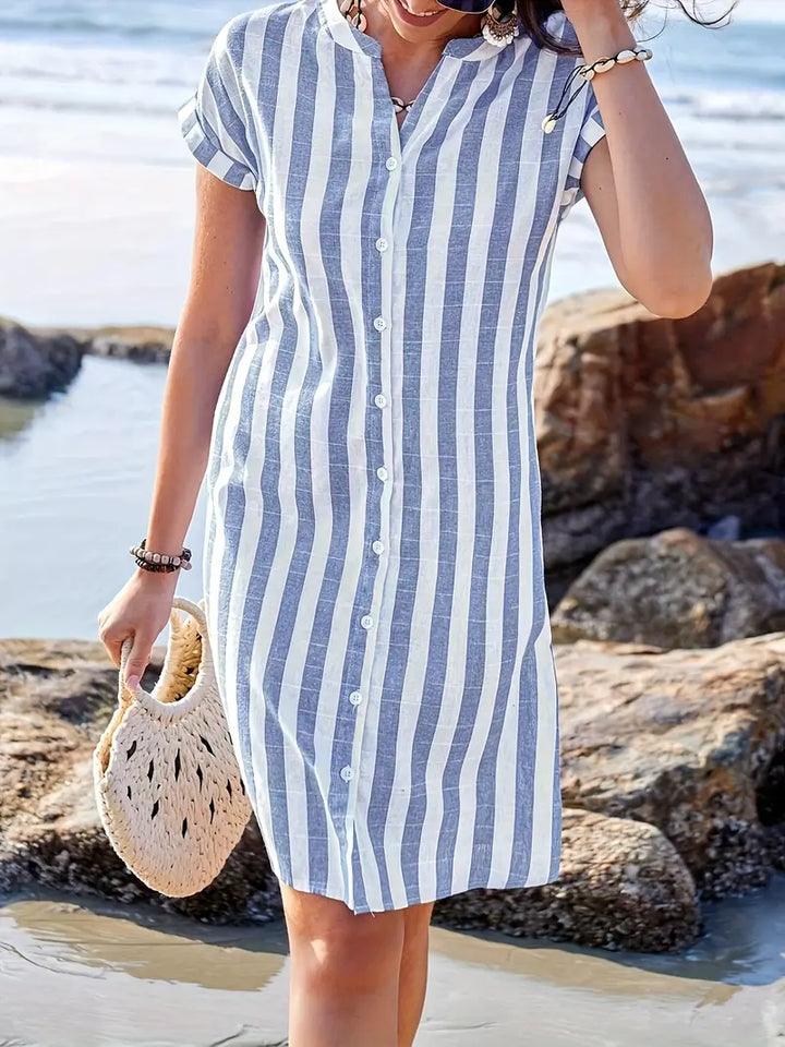 Soline™ | Robe Boutonnée Effet Lin Rayée