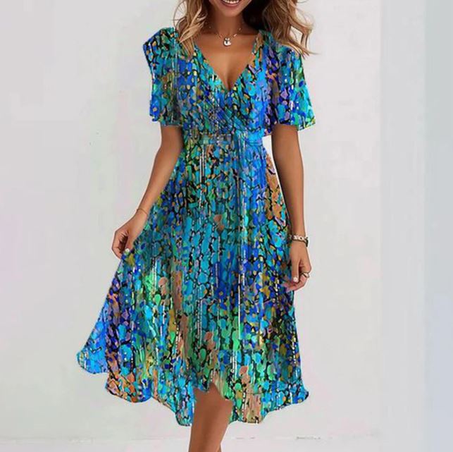Unique Blue Mid-Length Short-Sleeve Dress