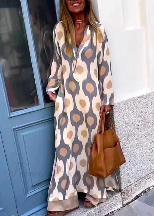 Bohemian V-Neck Dress Featuring Geometric Print and Autumn-Inspired Split