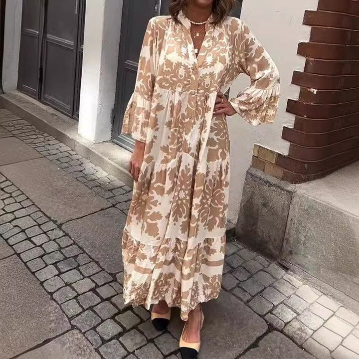 Chic V-Neck Maxi Dress with Elegant 3/4 Sleeves