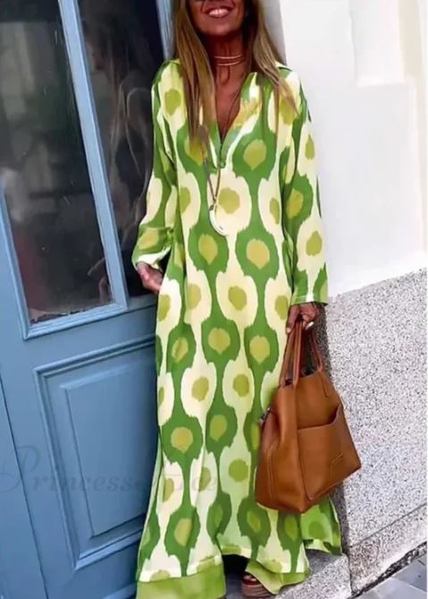 Bohemian V-Neck Dress Featuring Geometric Print and Autumn-Inspired Split