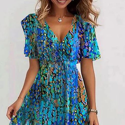 Unique Blue Mid-Length Short-Sleeve Dress