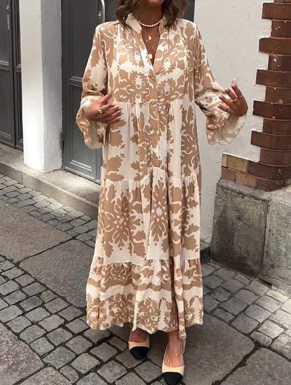 Chic V-Neck Maxi Dress with Elegant 3/4 Sleeves