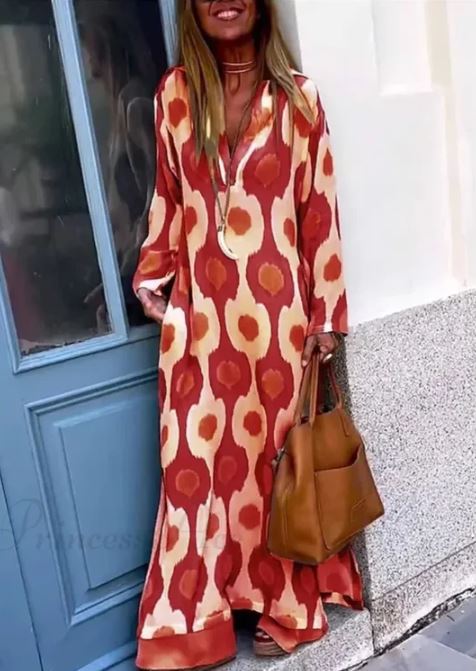 Bohemian V-Neck Dress Featuring Geometric Print and Autumn-Inspired Split