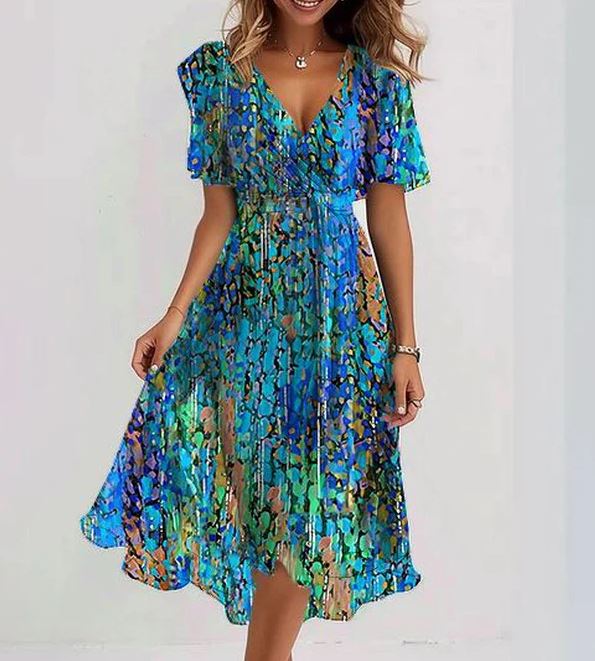 Unique Blue Mid-Length Short-Sleeve Dress
