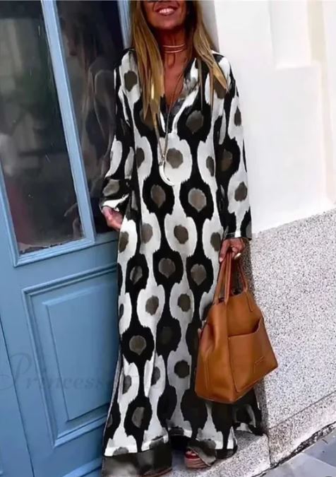 Bohemian V-Neck Dress Featuring Geometric Print and Autumn-Inspired Split