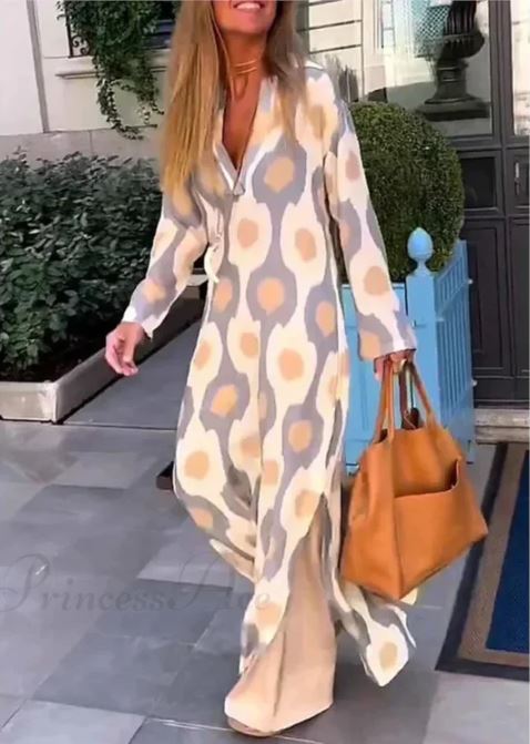 Bohemian V-Neck Dress Featuring Geometric Print and Autumn-Inspired Split
