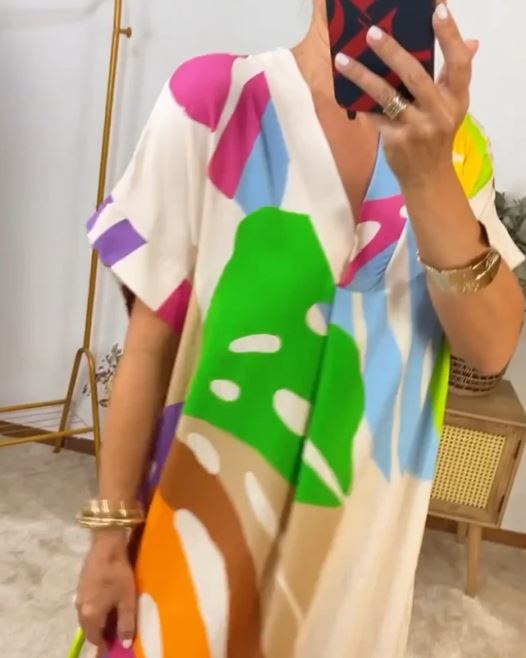 Vibrant Leaf Print Casual Dress