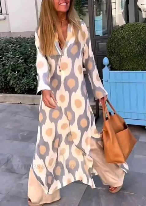 Bohemian V-Neck Dress Featuring Geometric Print and Autumn-Inspired Split