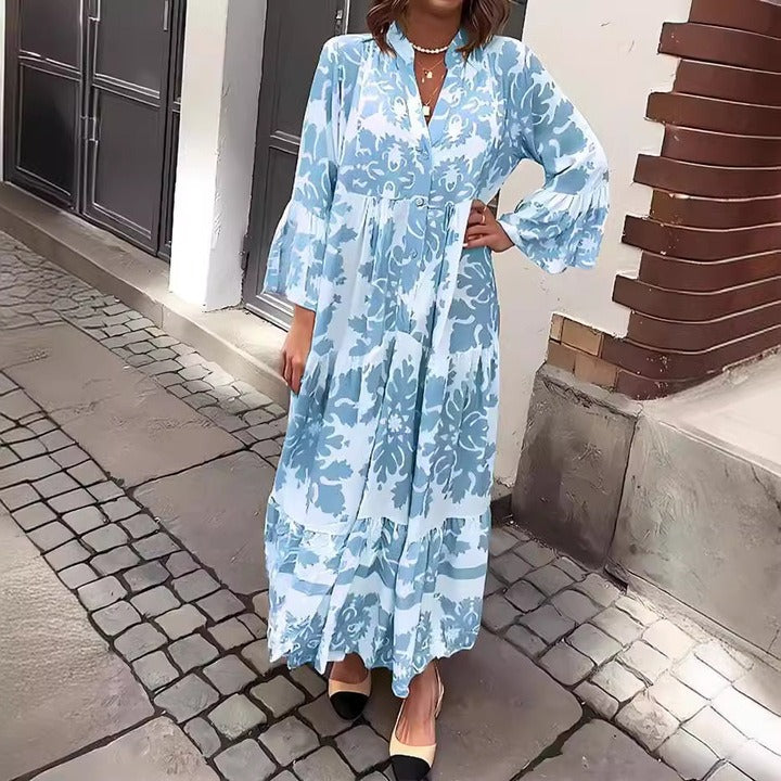 Chic V-Neck Maxi Dress with Elegant 3/4 Sleeves