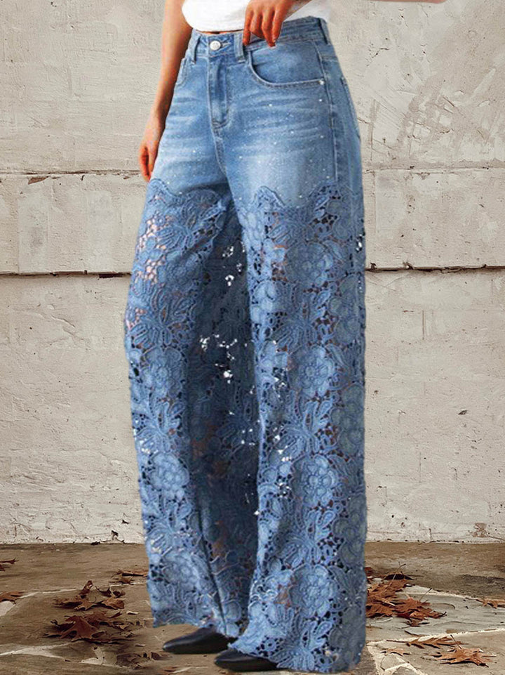 Elena | Jeans Patchwork en Dentelle Taille Mi-Haute