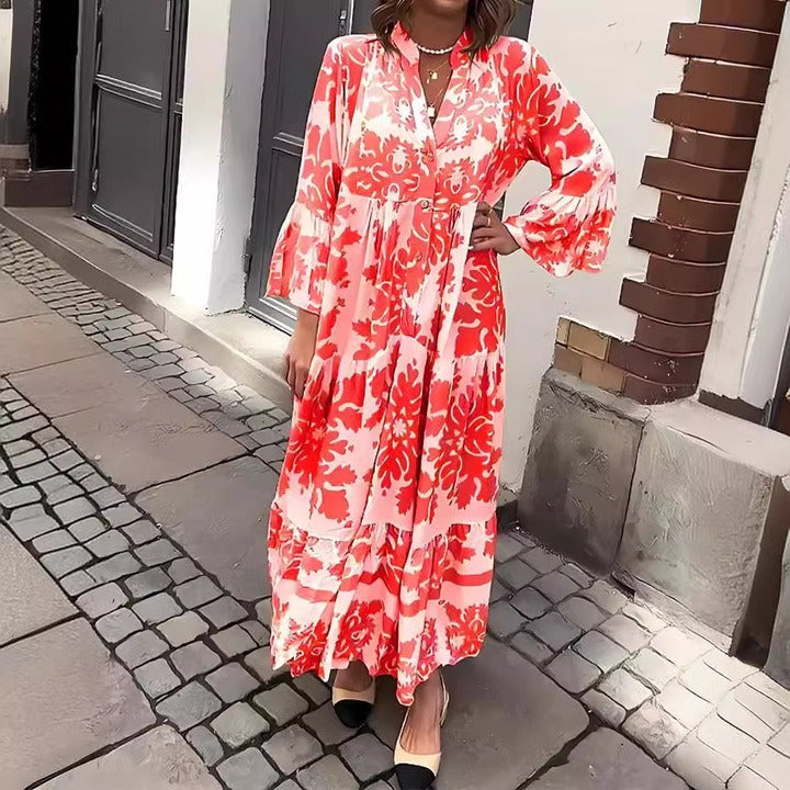 Chic V-Neck Maxi Dress with Elegant 3/4 Sleeves