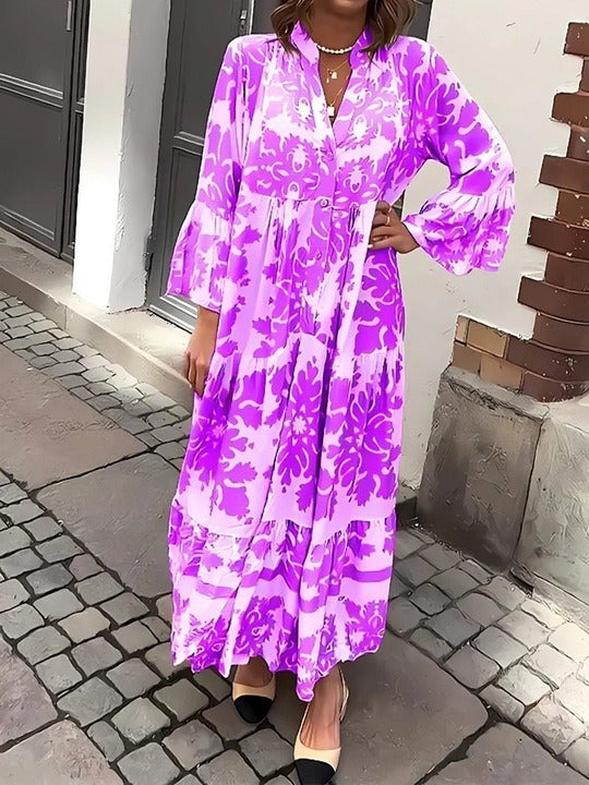 Chic V-Neck Maxi Dress with Elegant 3/4 Sleeves