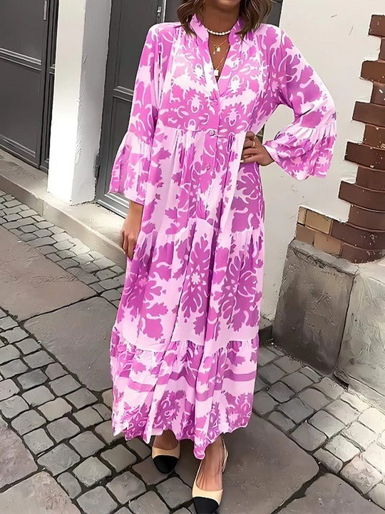 Chic V-Neck Maxi Dress with Elegant 3/4 Sleeves