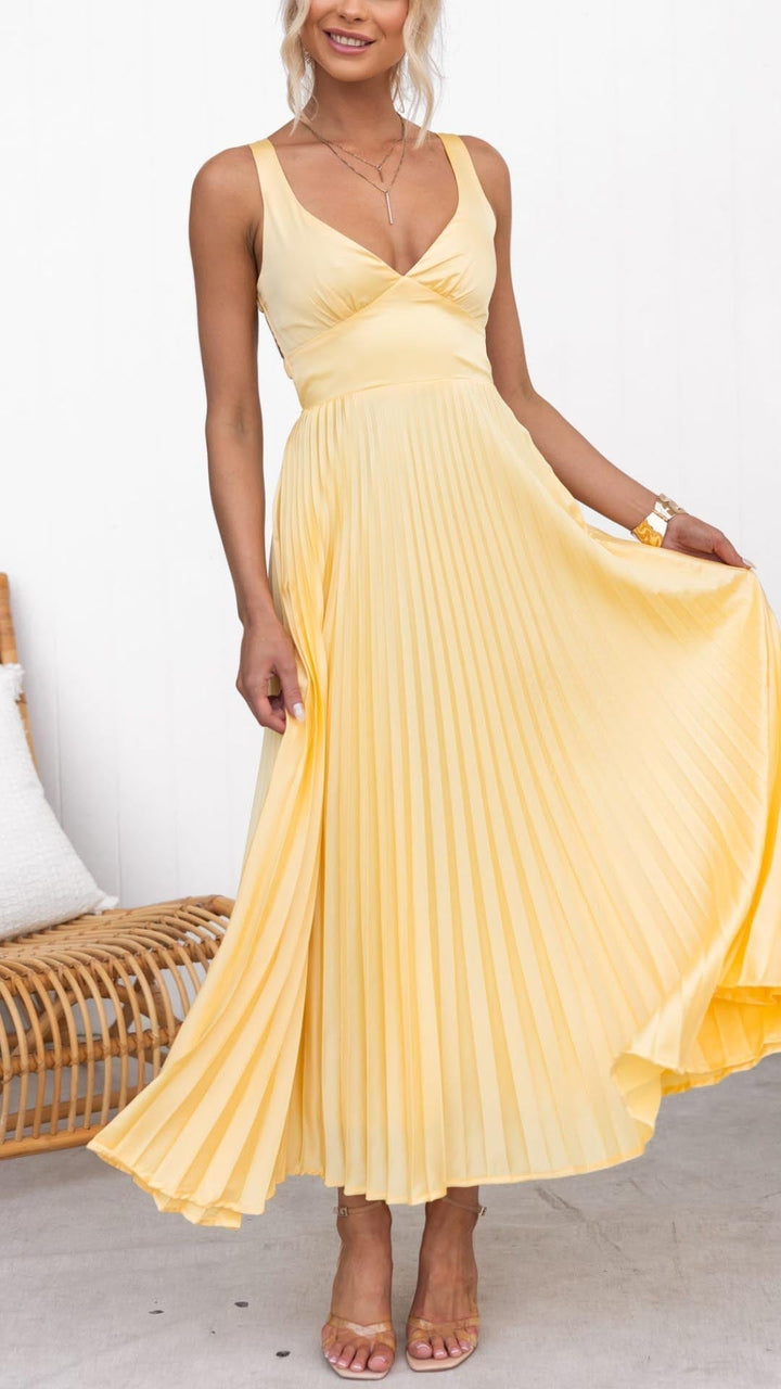 Aby | Yellow V-Neck Maxi Dress with Pleated Design