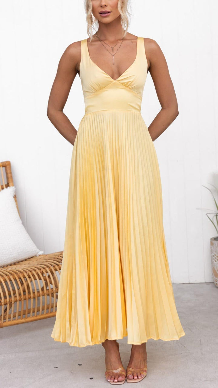 Aby | Yellow V-Neck Maxi Dress with Pleated Design
