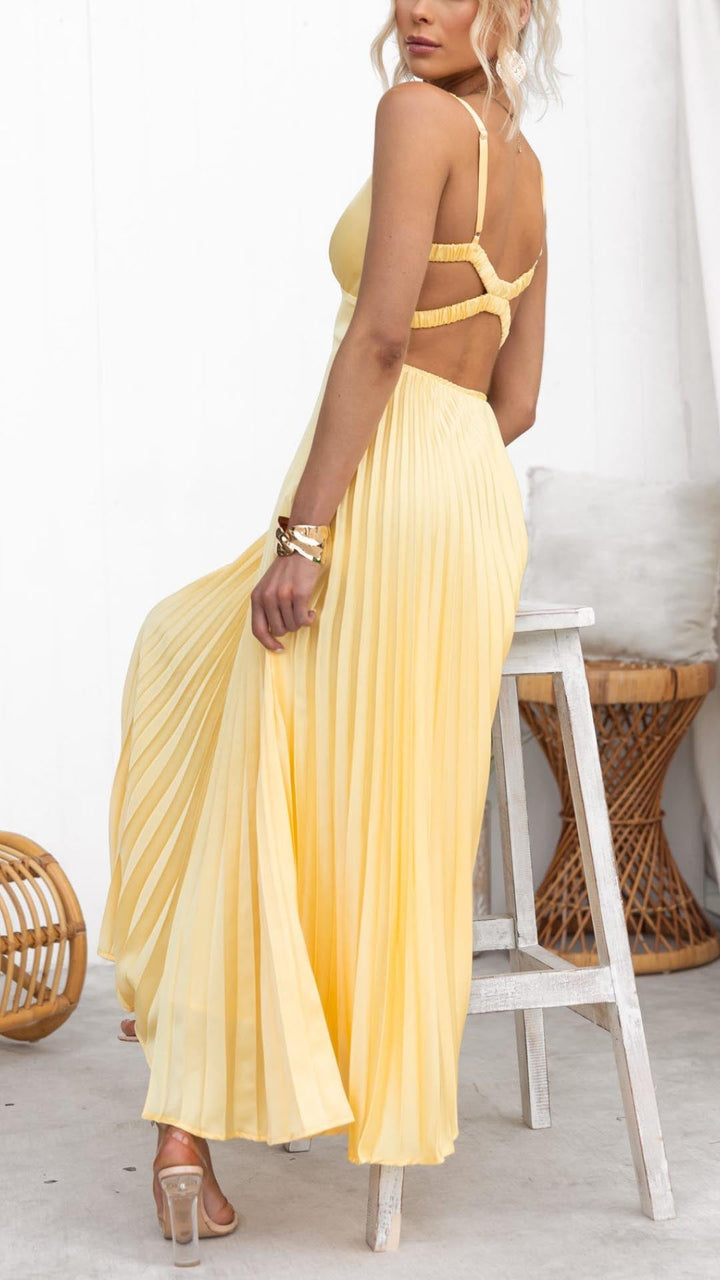 Aby | Yellow V-Neck Maxi Dress with Pleated Design