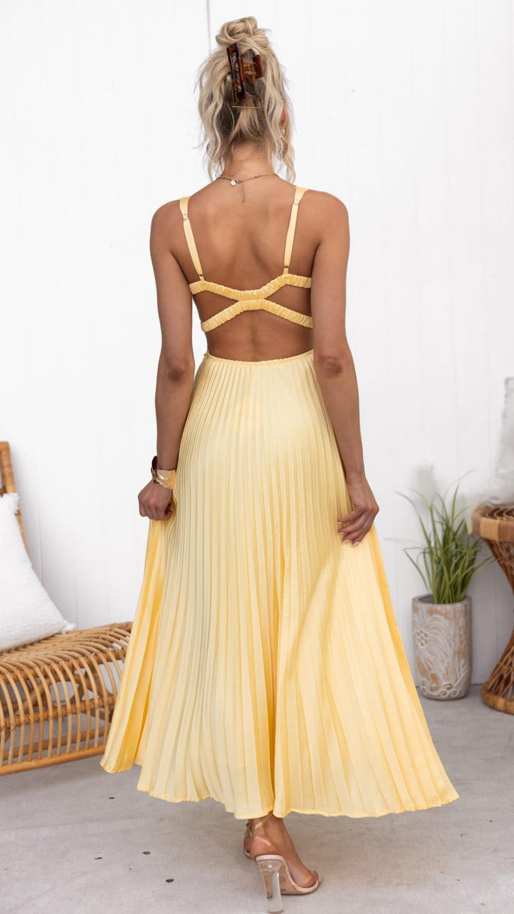 Aby | Yellow V-Neck Maxi Dress with Pleated Design
