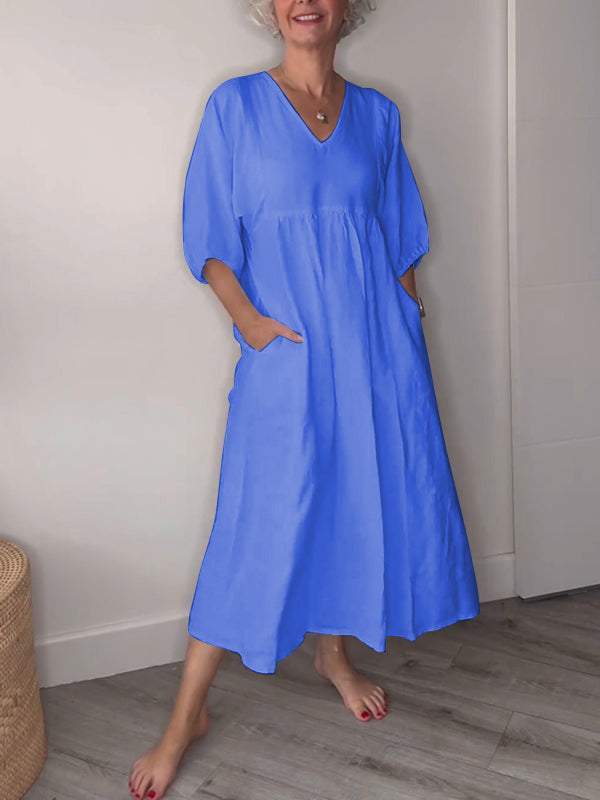 Eeva™ - V-Neck Casual Midi Dress with Convenient Pockets
