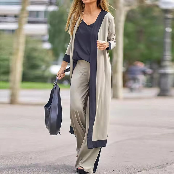 Women's 3-Piece Ensemble: Cardigan, Blouse, and Wide-Leg Trousers