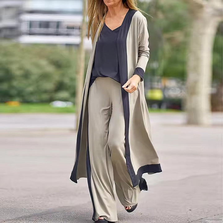 Women's 3-Piece Ensemble: Cardigan, Blouse, and Wide-Leg Trousers