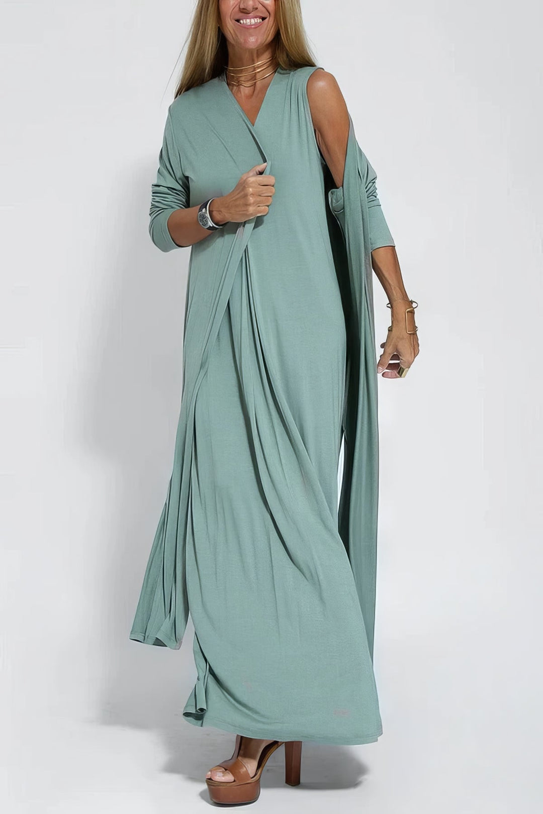 Chic Long Dress with Coordinating Cardigan - Complimentary Gift Included!