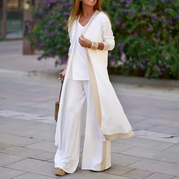 Women's 3-Piece Ensemble: Cardigan, Blouse, and Wide-Leg Trousers
