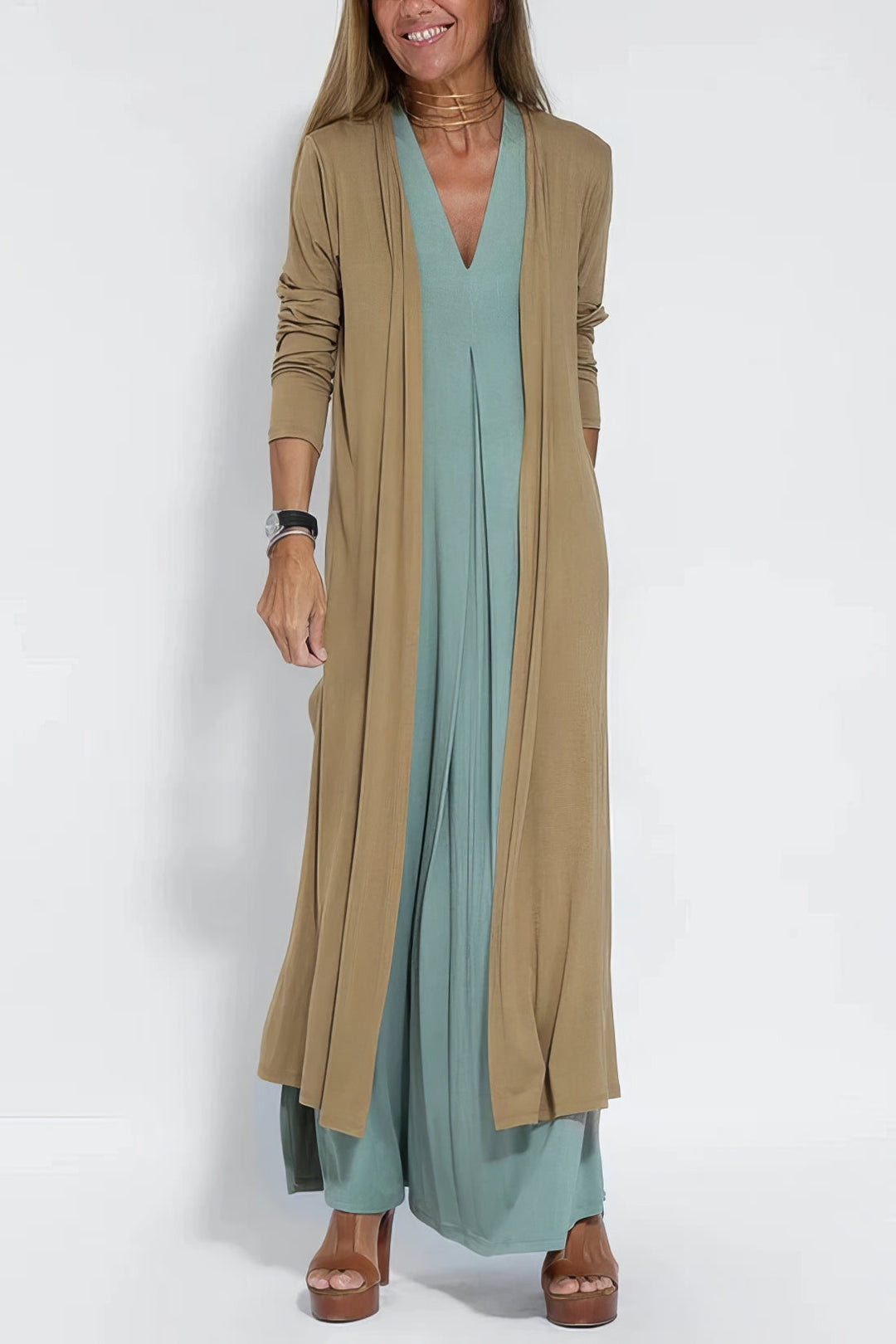Chic Long Dress with Coordinating Cardigan - Complimentary Gift Included!