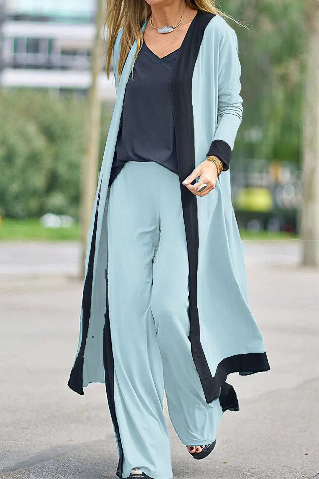 Women's 3-Piece Ensemble: Cardigan, Blouse, and Wide-Leg Trousers