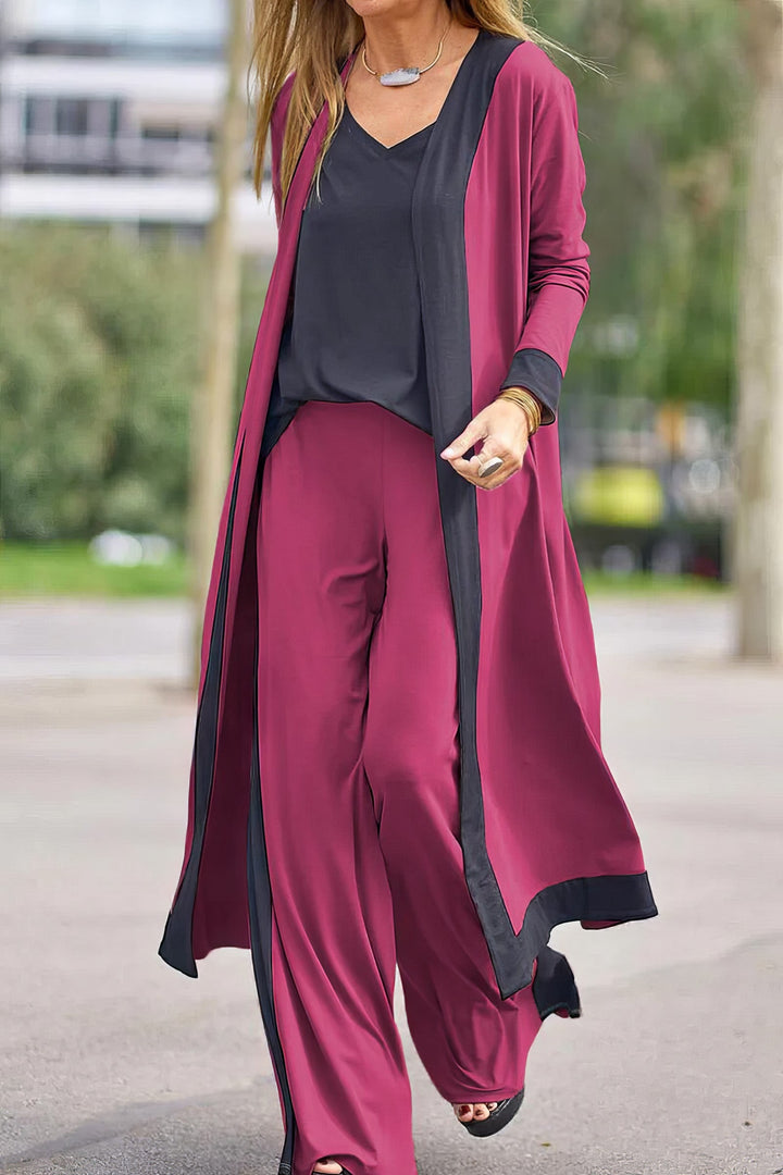 Women's 3-Piece Ensemble: Cardigan, Blouse, and Wide-Leg Trousers